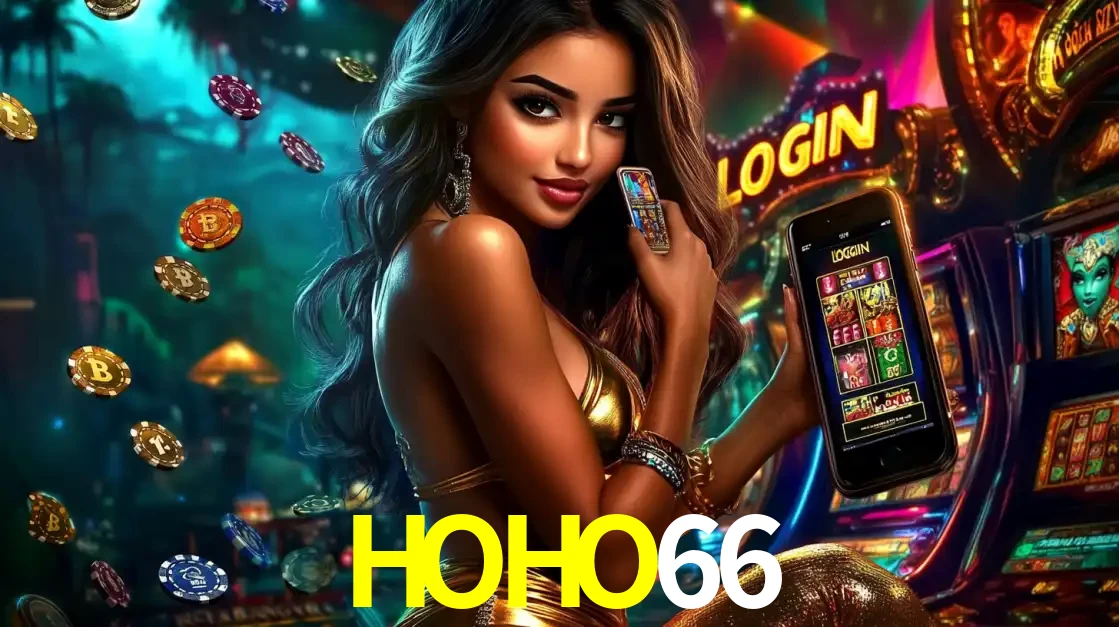 Mulher em um cenário de cassino temático de aventura, mostrando o app de caça-níqueis da HOHO66 no celular. Fichas de apostas flutuam ao redor.