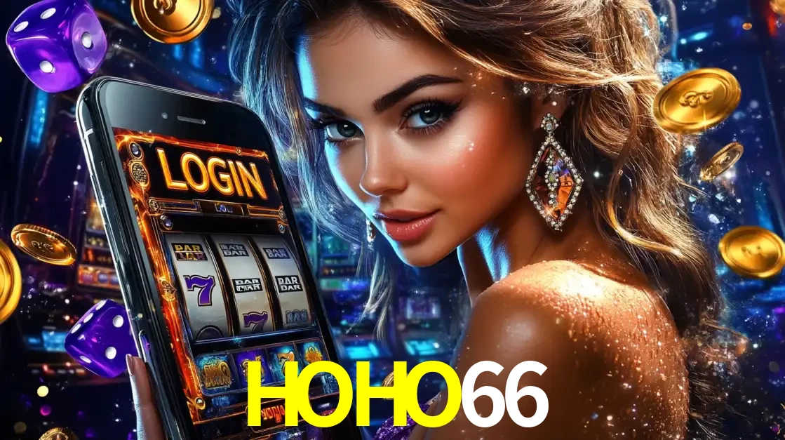 Mulher glamorosa segurando um smartphone com a tela de login para os jogos de caça-níqueis do cassino online HOHO66, com moedas de ouro e dados ao redor.